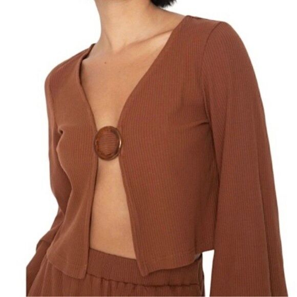 Anthropologie Callahan Open Front Ring Bell Sleeve Ribbed Vera Top Coco Mocha M - Picture 1 of 16